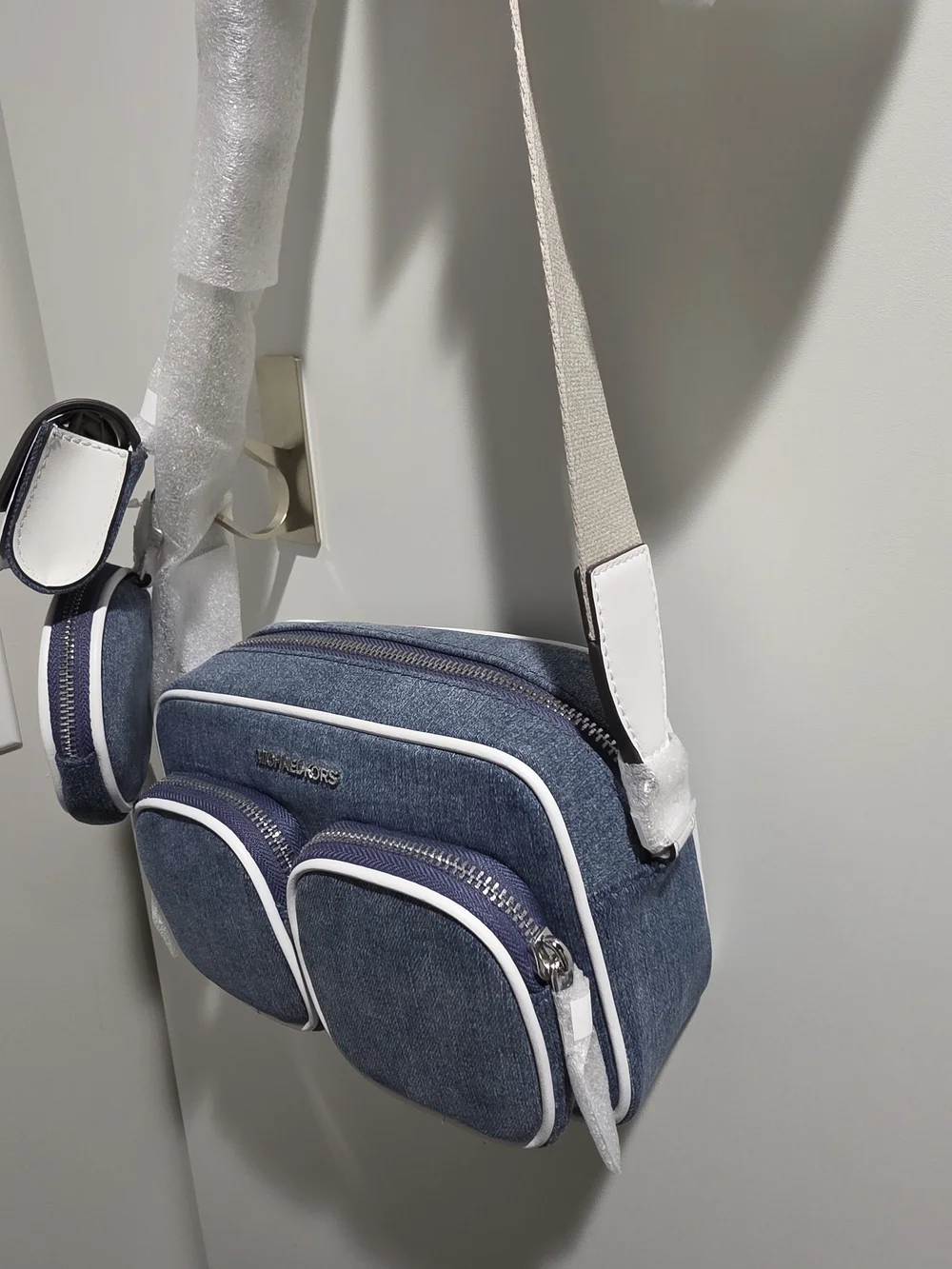 Michael Kors Navy Denim Crossbody Bag with White Accents